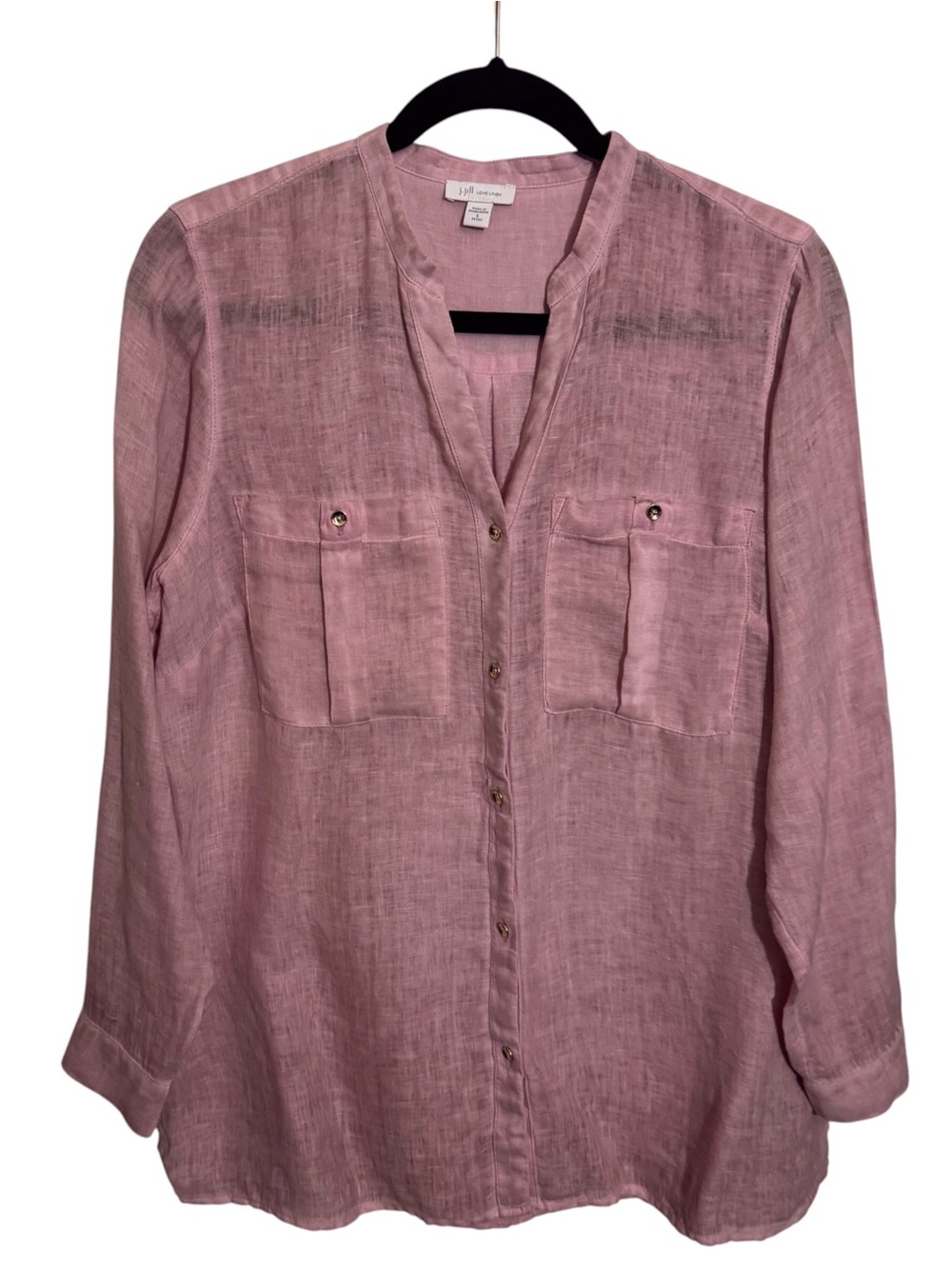 J. Jill Small Petite Pink Love Linen Top Button Up Long Sleeve Pockets V-Neck